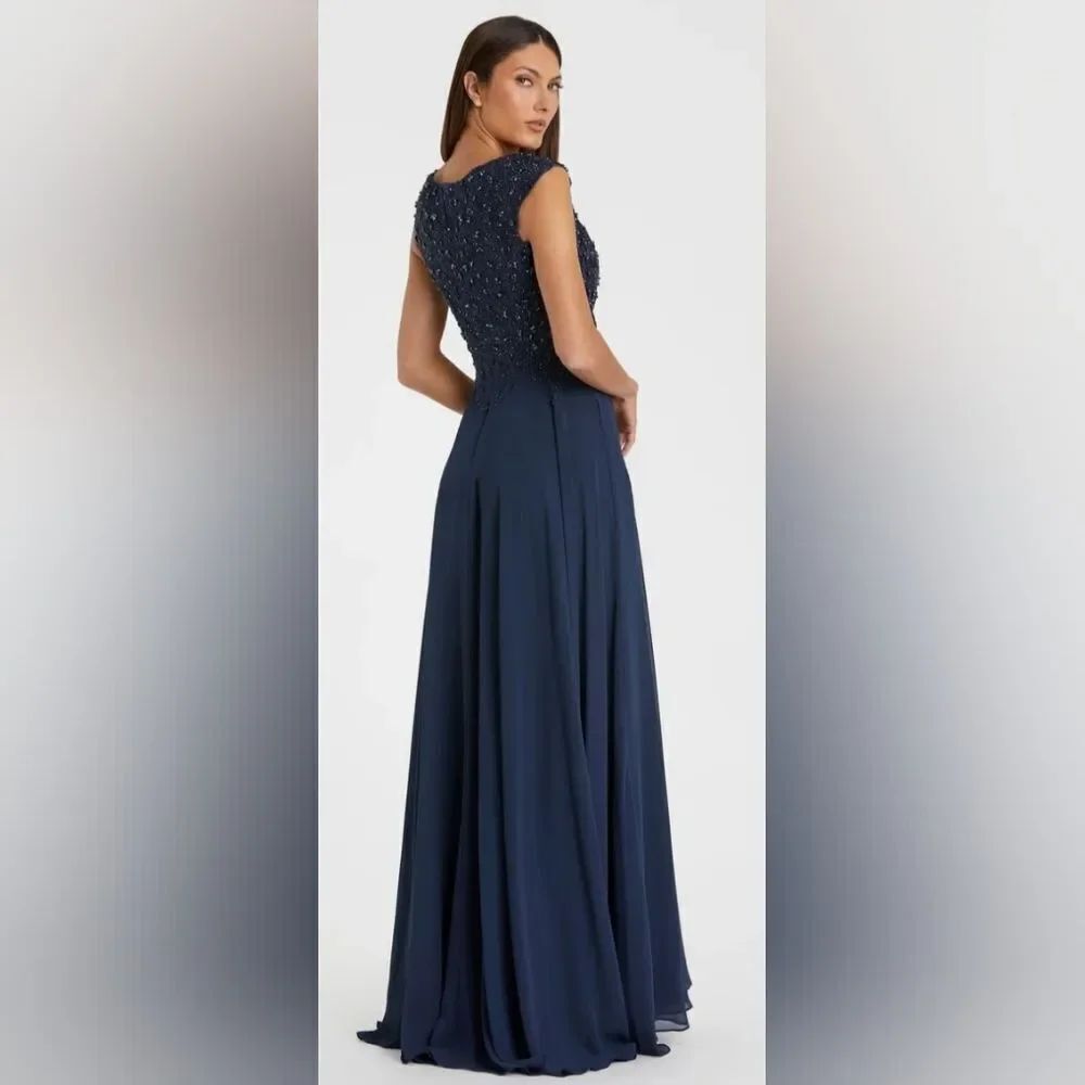 Mac Duggal 20265 Cap Sleeve Applique Bodice Flowy Gown NWT Size 2 Navy Blue - Picture 2 of 8